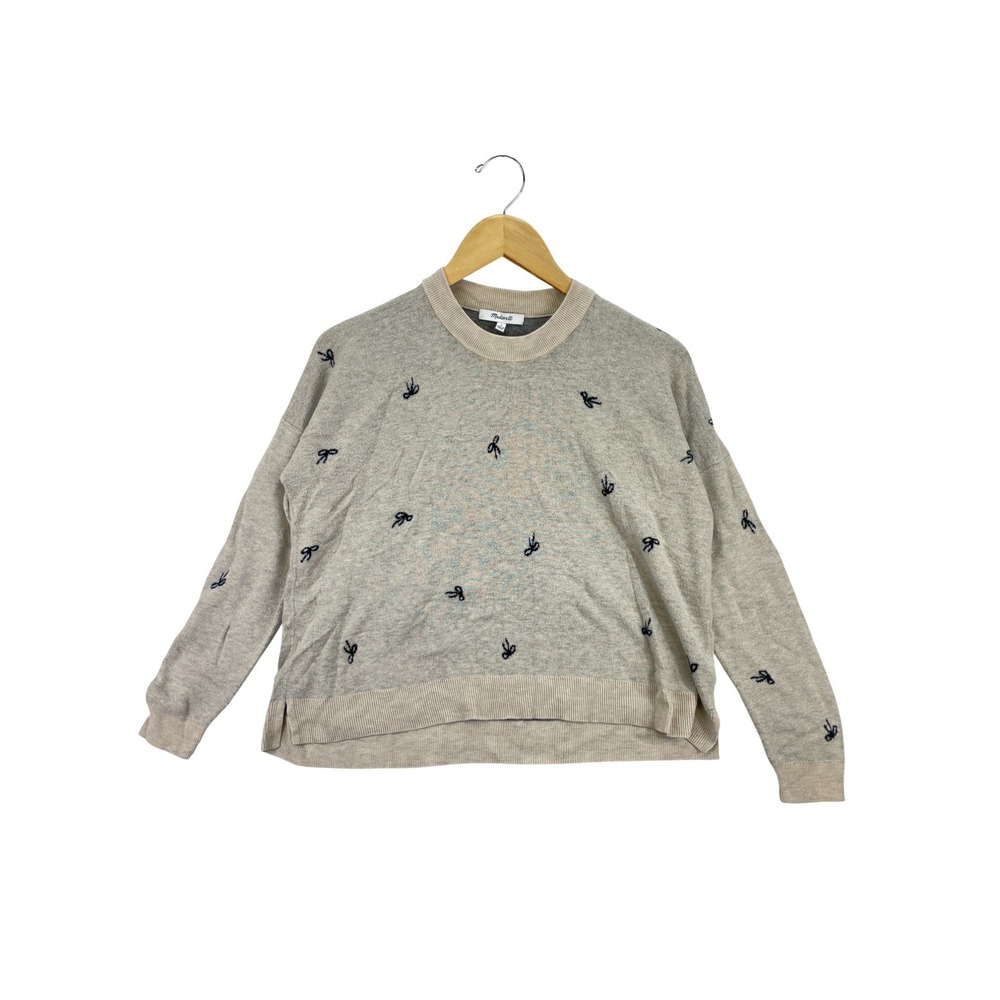 Madewell Sweater‎ Women’s Gray Bow Print Knit Crewneck Long Sleeve Casual S